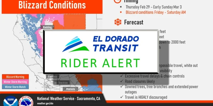 Winter Storm Alert: Sacramento/South Lake Tahoe Bus Service Temporarily Halted Amidst Blizzard Warning