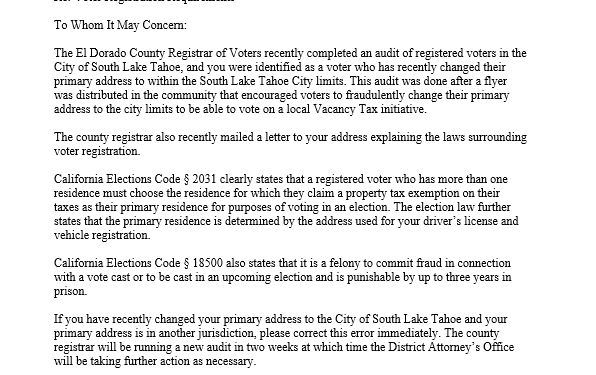District Attorney Investigates Questionable Voter Registrations in South Lake Tahoe