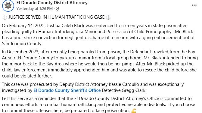 El Dorado County Man Sentenced to 16 Years for Human Trafficking