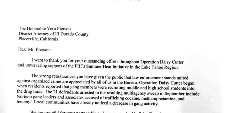 El Dorado County DA Receives FBI Letter in Recognition of Major Gang-Crackdown Operation