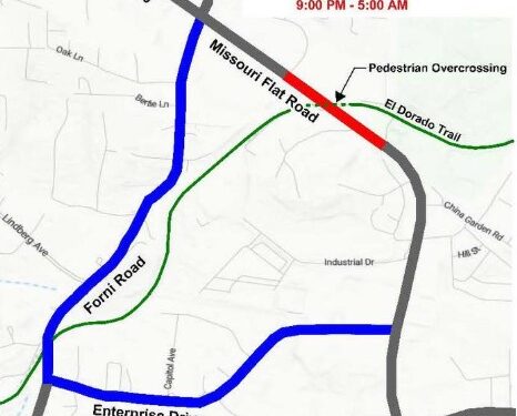 Missouri Flat Road to Close Overnight April 30 for El Dorado Trail Bridge Installation